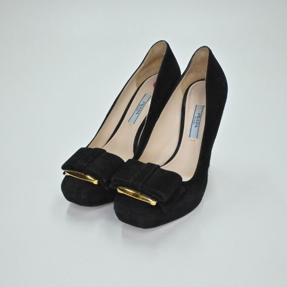 PRADA Heels Womens Size 36 Calzature Black Suede Gold Hardware Bow Milan Square - Picture 6 of 13